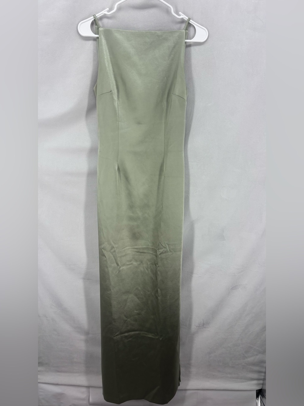 Meshki Sage Green Satin Maxi Dress Sleeveless Boat Neck Elegant Gown Small - Picture 2 of 10